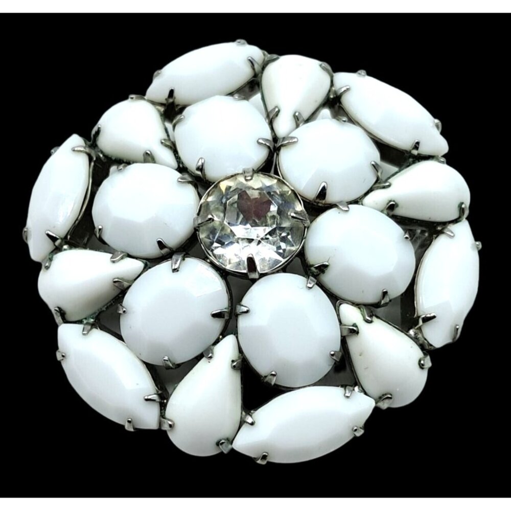 Vintage‎ Rhinestone Brooch Opaque White and Clear Flower Pin Jewelry